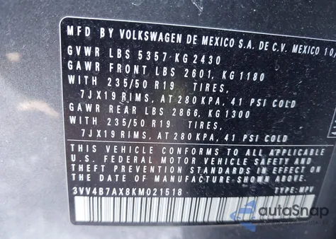 2019 Volkswagen Tiguan 2.0T Sel Premium/2.0T Sel Premium R-Line z USA, uszkodzony, nr VIN 3VV4B7AX8KM021518